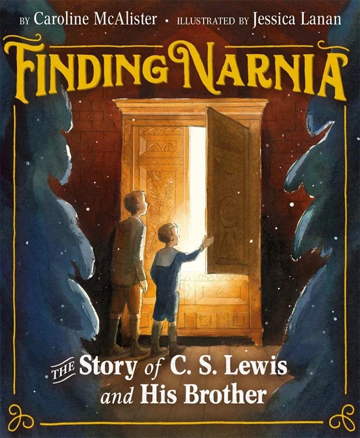 Cover image of picture book 'Finding Narnia: The Story of C.S. Lewis and his Brother' featuring two boys opening the door of a wardrobe