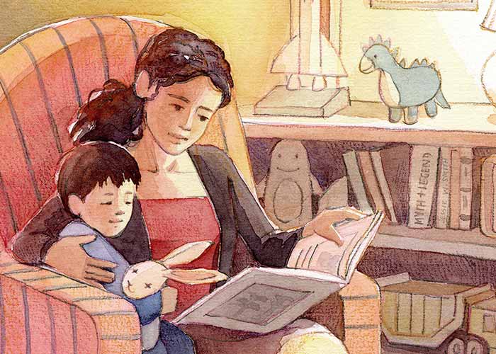 Detail of a watercolor and colored pencil illustration showing a mother and young boy sitting together in an armchair reading a book.
