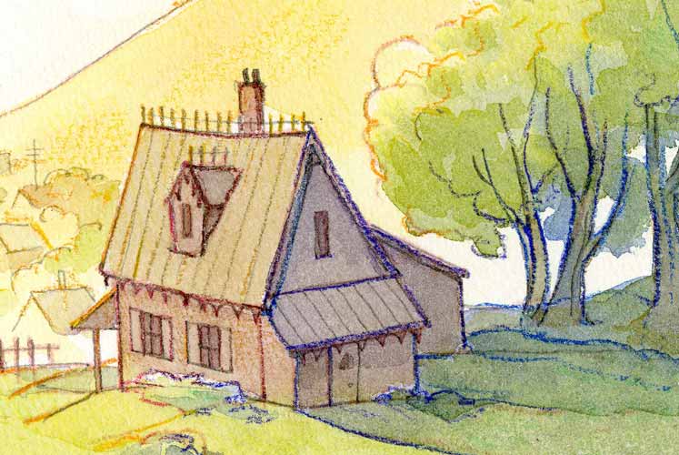 Detail of watercolor and colored pencil illustration showing a small victorian style house on a sunny hillside.