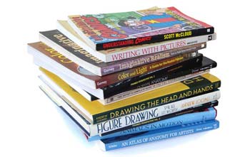 photograph of a large stack of colorful art reference books on a white background