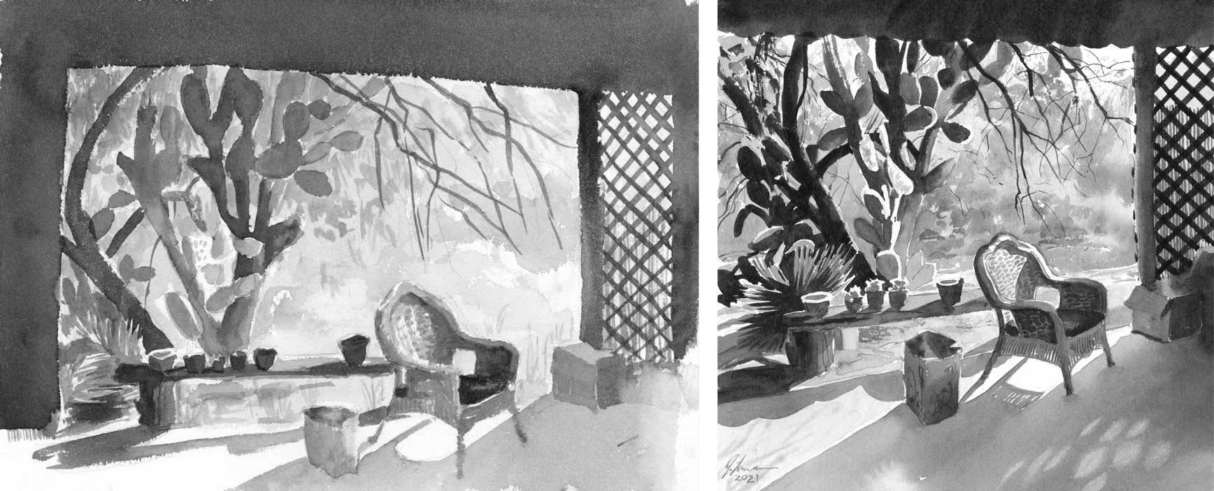 Black and white image of two watercolor paintings side by side showing a wicker chair and paper bag on a shaded patio framed by large cactus, trellis and ceiling in shadow, each painted in a different style.