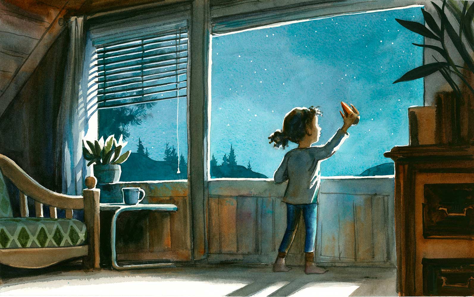 Watercolor, ink and digital illustration by Jessica Lanan from 'I'm a Black Hole' showing a room at night. A child stands in front of a large picture window looking out at the night sky. The child is holding a model spaceship