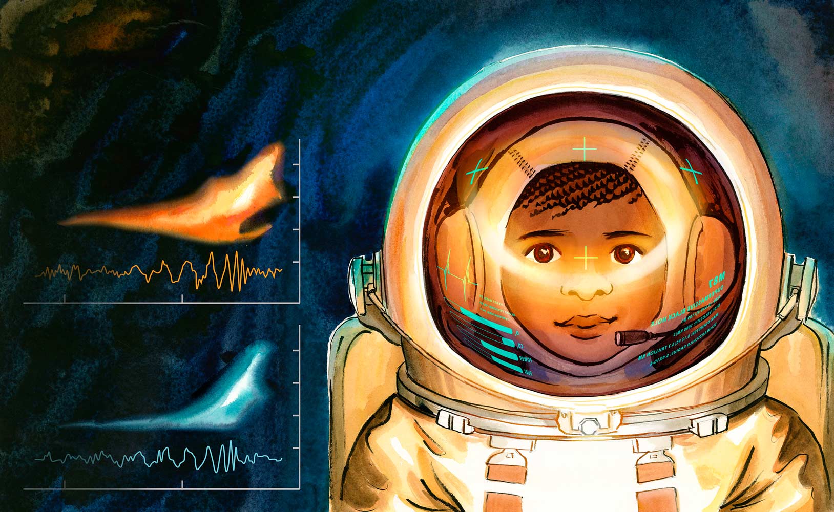 Watercolor, ink and digital illustration by Jessica Lanan from 'I'm a black hole' showing a child astronaut with dark skin and braids wearing a EVA spacesuit. The child is facingn forward and is visible from the shoulders up. To the side are two graphs showing gravity waves.