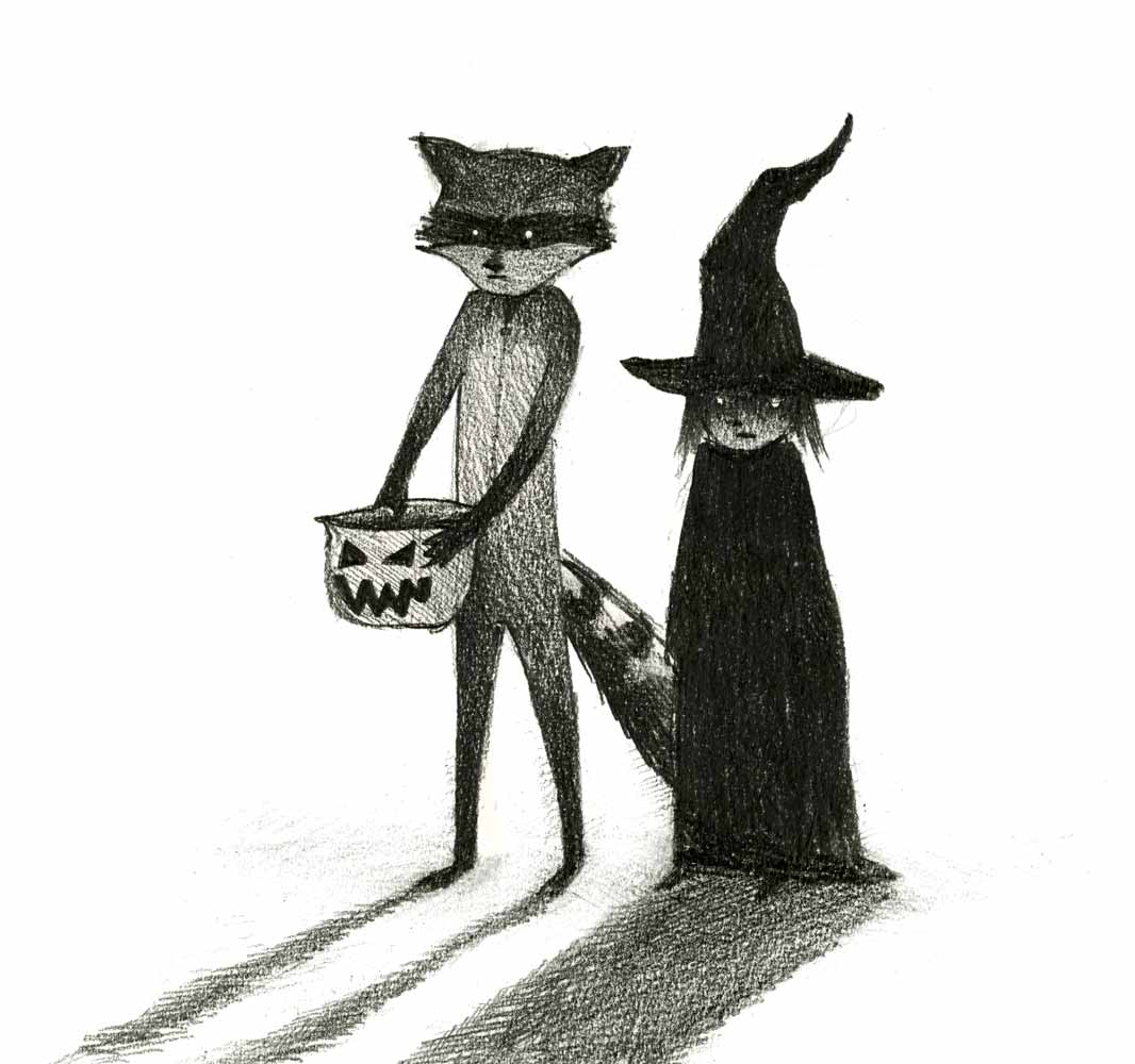 Pencil drawing by Jessica Lanan of two sinister-looking children dressed as a raccoon and a witch. The raccoon is holding a bucket with a halloween jack-o-lantern face.