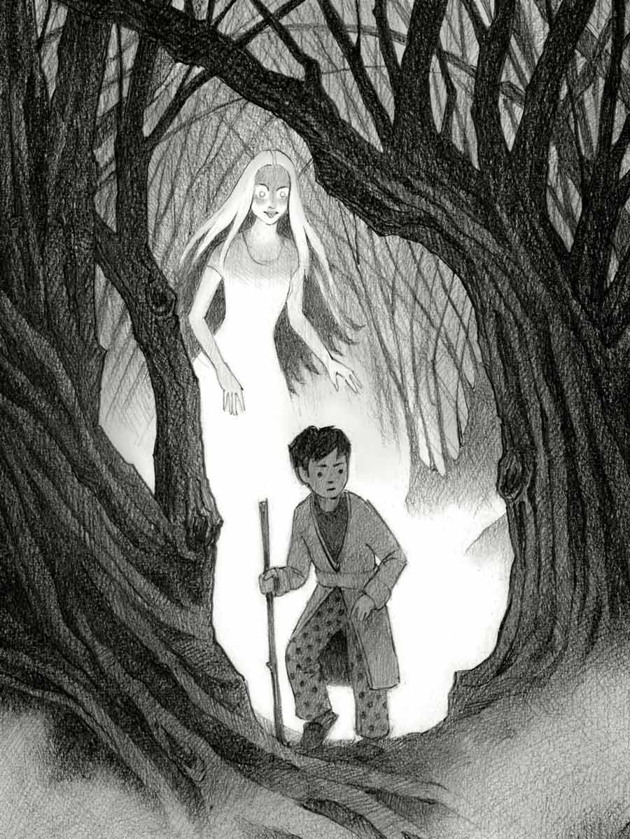 Pencil drawing by Jessica Lanan of a light-skinned boy wearing pajamas and a bathrobe walking between large trees while a ghostly pale and glowing female figure stands in mist behind him.