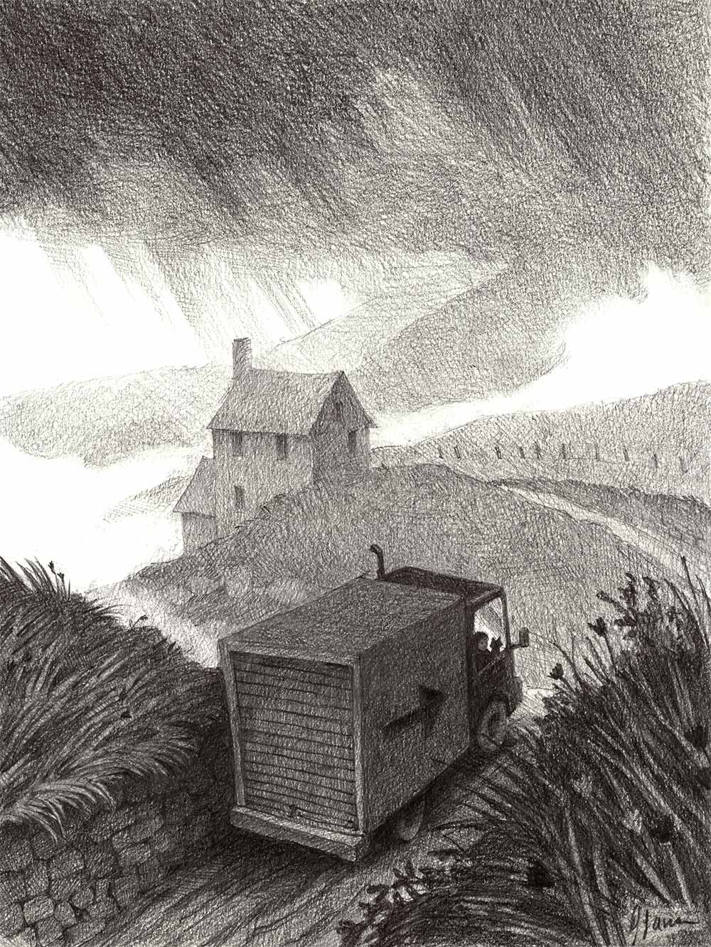 Moving Day - Pencil drawing by Jessica Lanan of a truck driving down a dirt road toward a solitary house beneath a rainy sky.