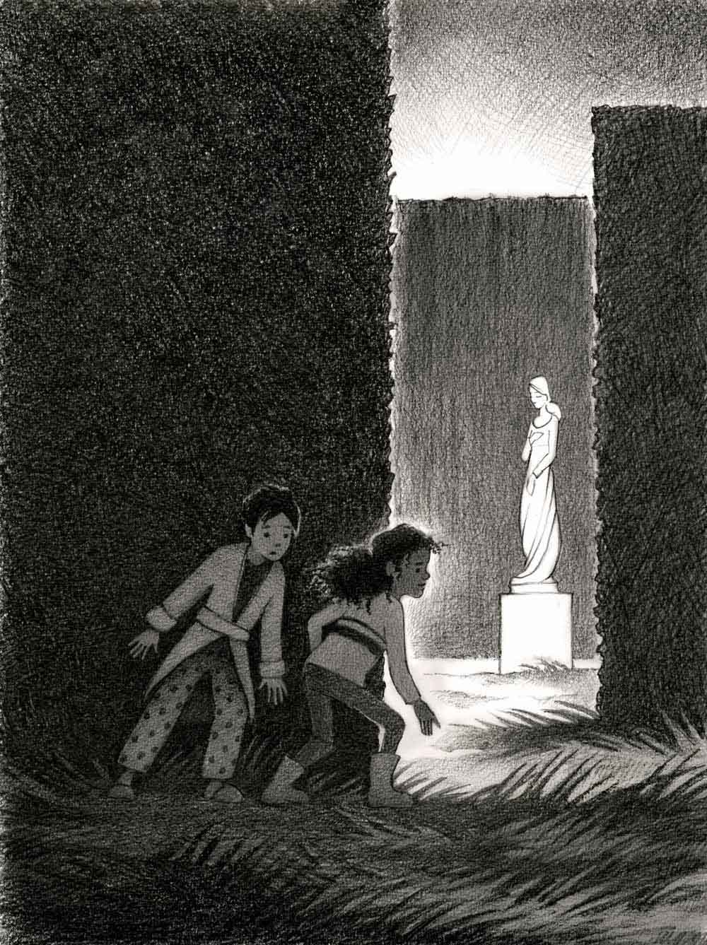 Pencil drawing by Jessica Lanan of a light-skinned boy and a dark-skinned girl peeking around the edge of a large hedge. In the background, more hedges frame a white marble statue of a woman in a white dress.