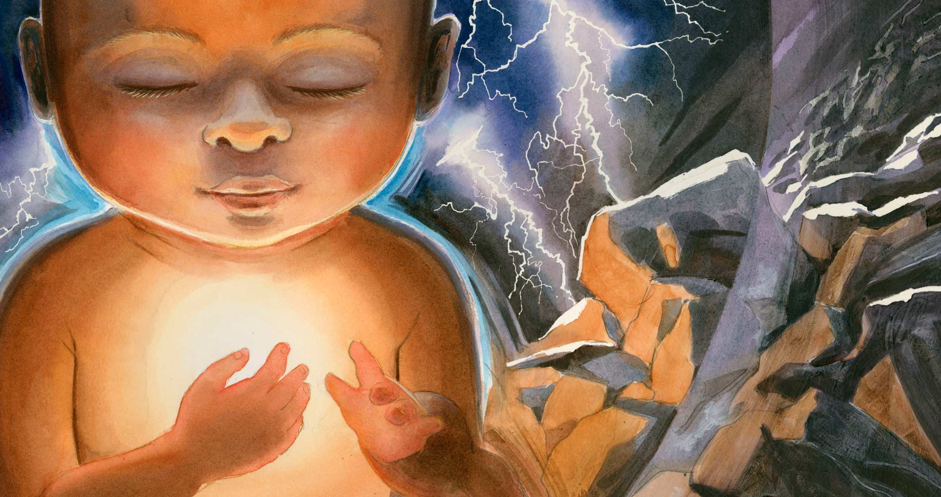 Watercolor mixed media illustration by Jessica Lanan from 'Before You Were Here' showing a baby's face and chest from the front, with eyes closed. The baby is glowing with light. Behind, rocks and mountains and ligtning are visible.