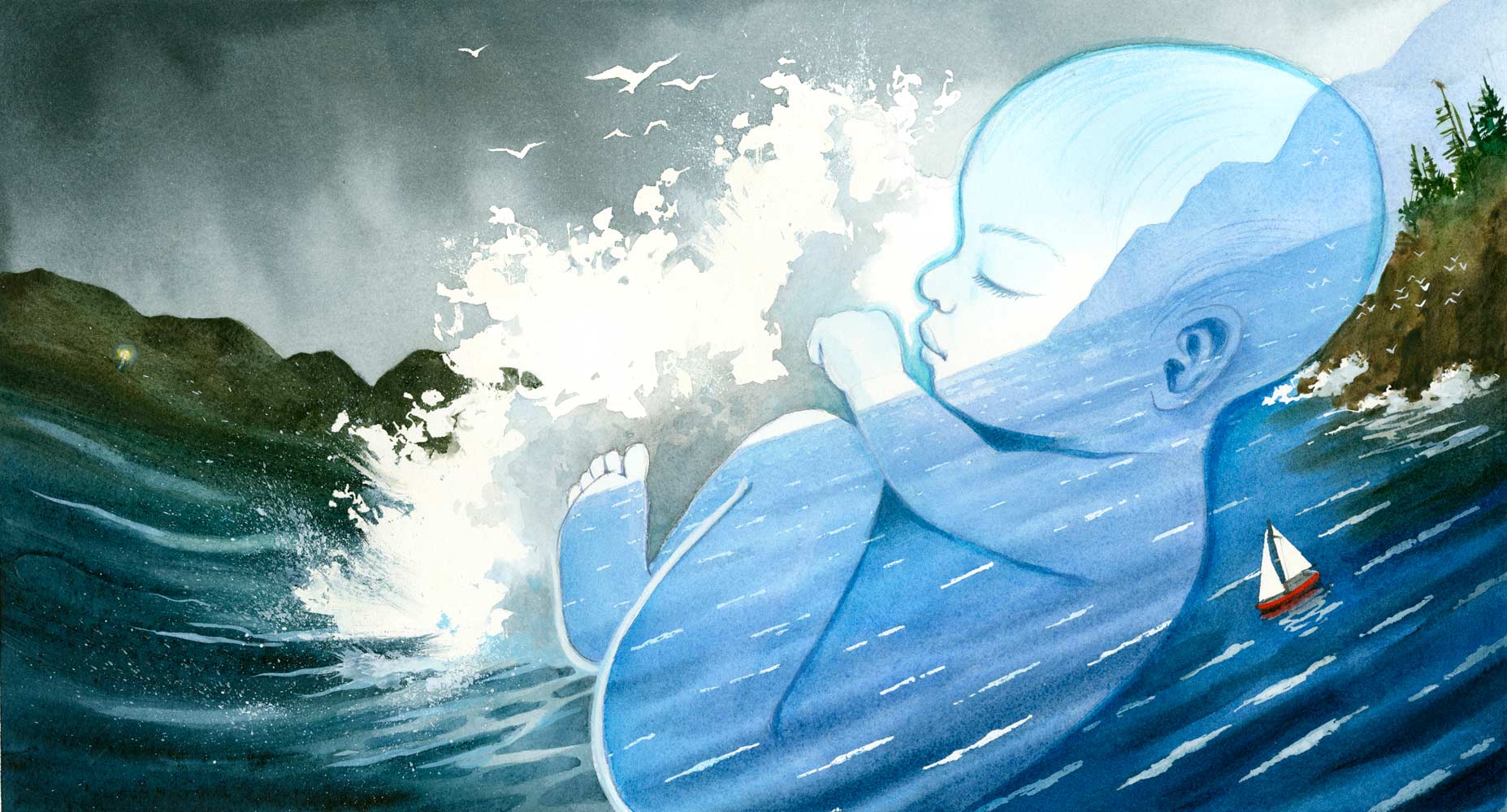 Watercolor mixed media illustration by Jessica Lanan from 'Before You Were Here' showing a baby curled in the fetal position. The ocean is visible inside the baby, and the baby's profile is framed by a spashing wave and a stormy sky.