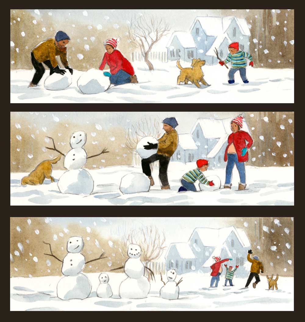 Watercolor mixed media illustration by Jessica Lanan from 'Before You Were Here' showing three panels with a family of three people building snowmen and playing with a dog.