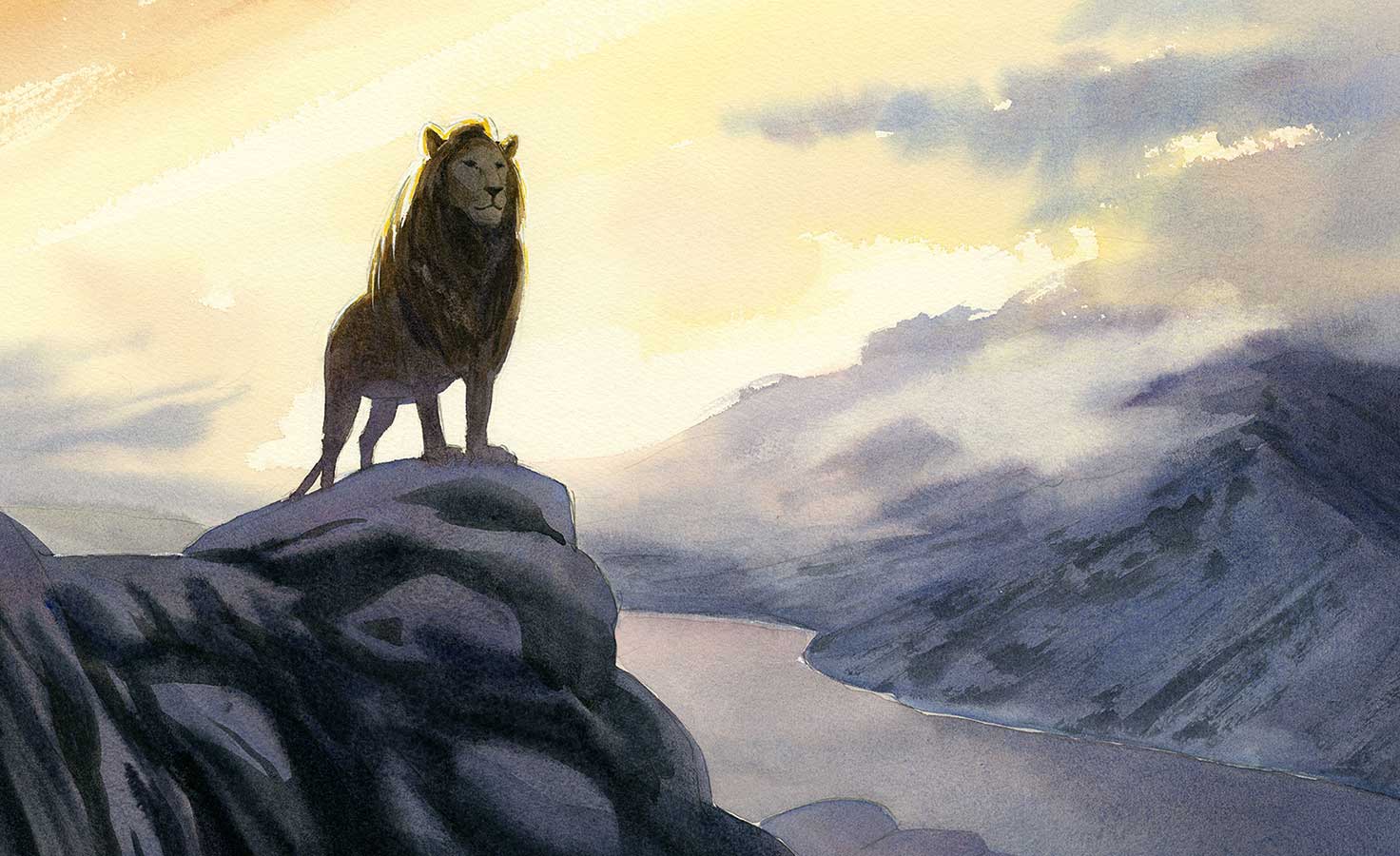 Watercolor illustration from 'Finding Narnia' of a lion standing on a rocky precipice with a distant valley and dawn clouds behind.