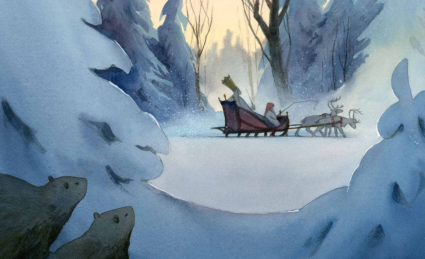 Watercolor illustration from interior of 'Finding Narnia' showing the White Witch riding through a snowy forest in a sleigh drawn by two reindeer, while two beavers look on from the foreground.