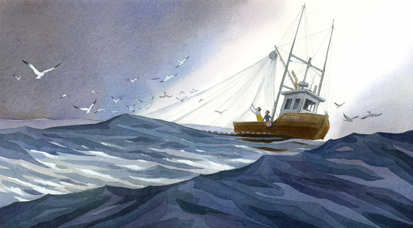 Watercolor llustration from the title page of 'The Fisherman and the Whale' showing a small fishing boat on a rough sea of blue and gray.
