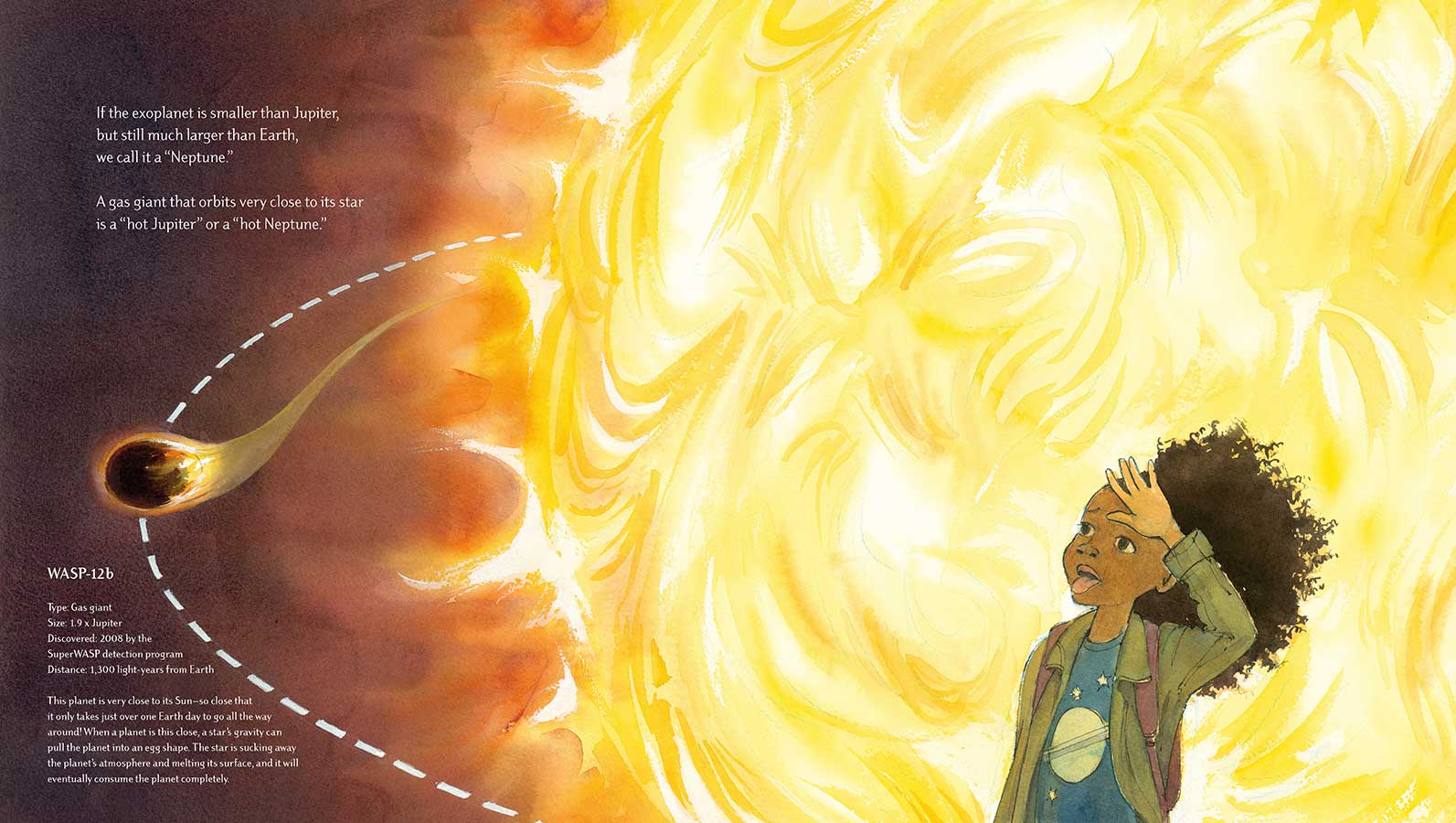 Watercolor illustration from 'Just Right' showing a hot sun with a planet orbiting very close by. In the foreground stands a girl who is indicating that she is very, very hot.