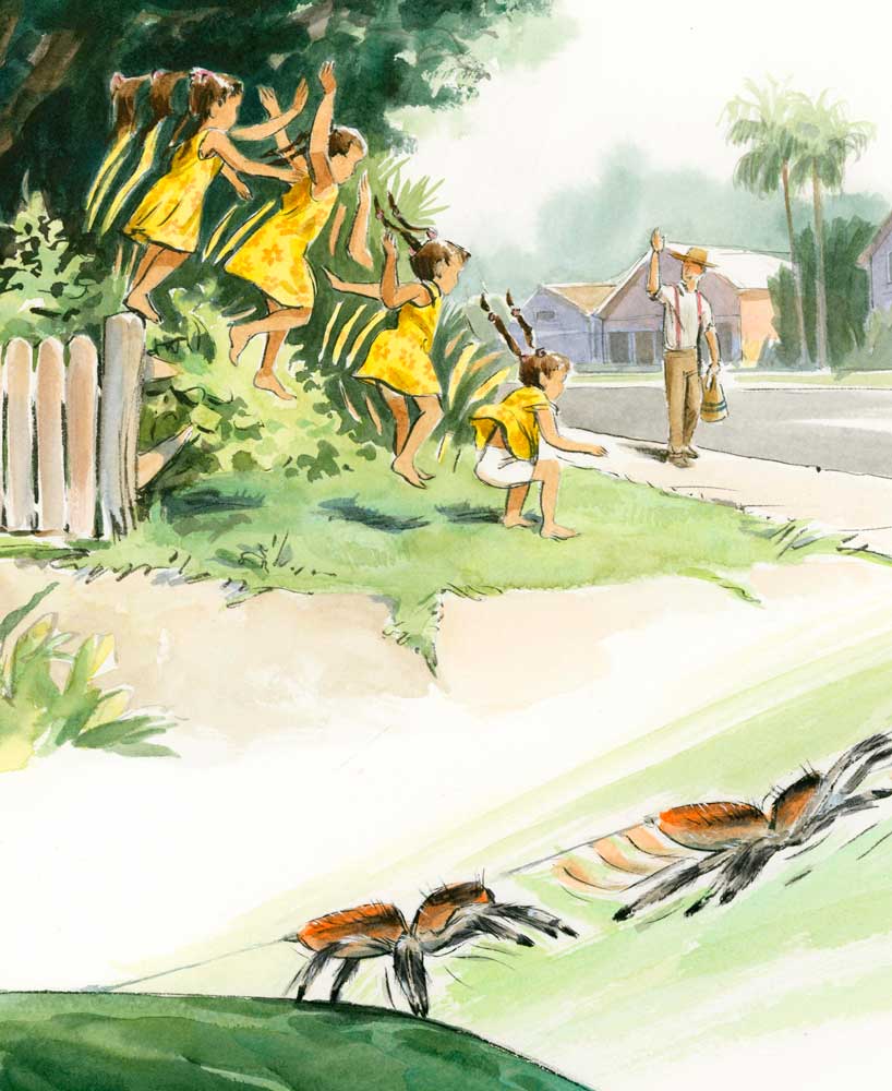 Watercolor illustration by Jessica Lanan from 'Jumper: A Day in the Life of a Backyard Jumping Spider' Showing a girl in a sun dress jumping off a fence in four frames. In the distance a man in a hat waves at her. Below is part of an illustration showing two stop-motion frames of a jumping spider jumping off a leaf.