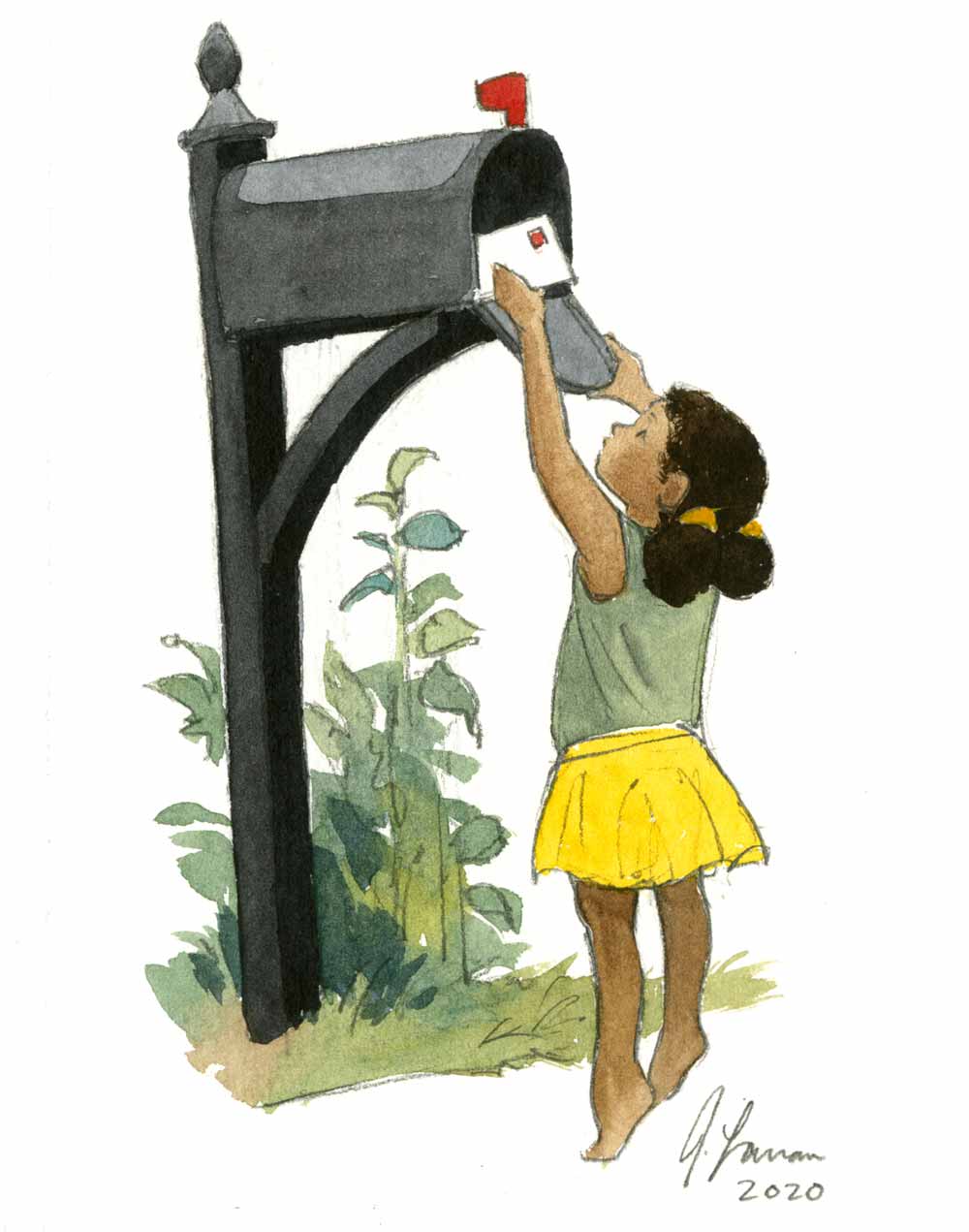 Brown-skinned girl wearing yellow skirt and green tank top standing on tip-toes to put a letter in a black mailbox