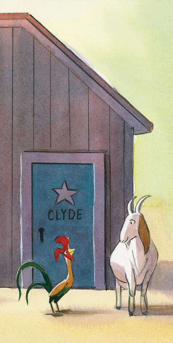 Detail of watercolor illustration from 'A Kid of Their Own' showing Clyde, a small rooster, smiling at fran, a brown and white goat, while they stand in front of a blue door with a star on it that reads 'CLYDE'.