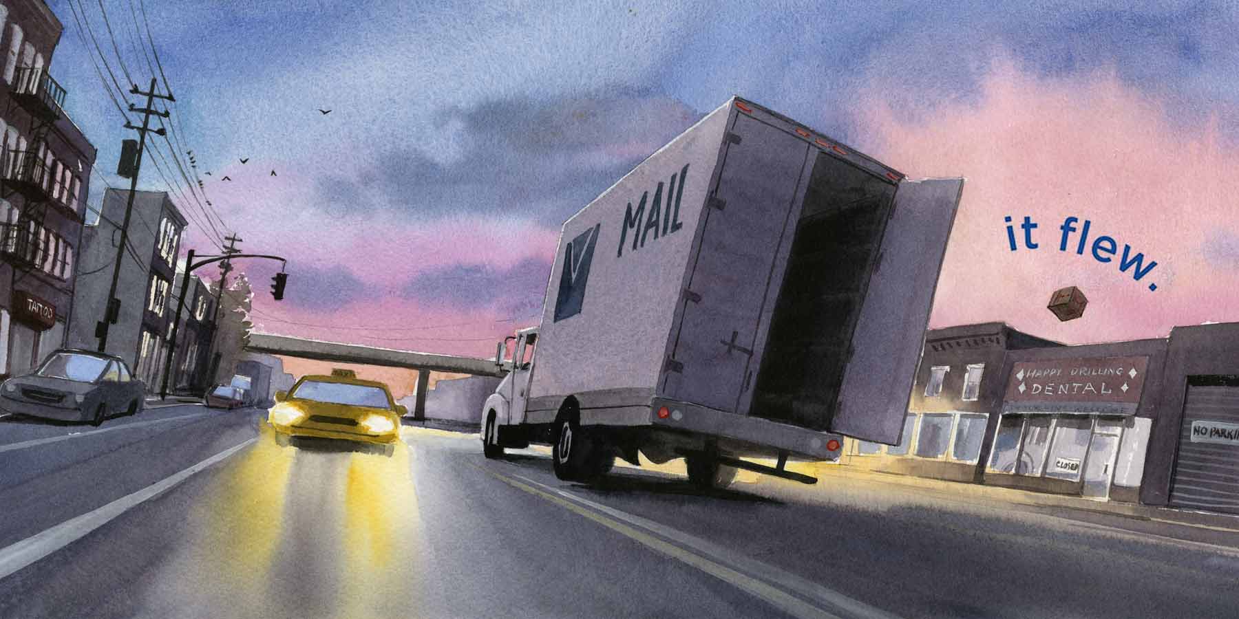 Watercolor illustration by Jessica Lanan from 'The Lost Package' Showing a truck driving down a road in pre-dawn light with one door open and a package flying out of the back.