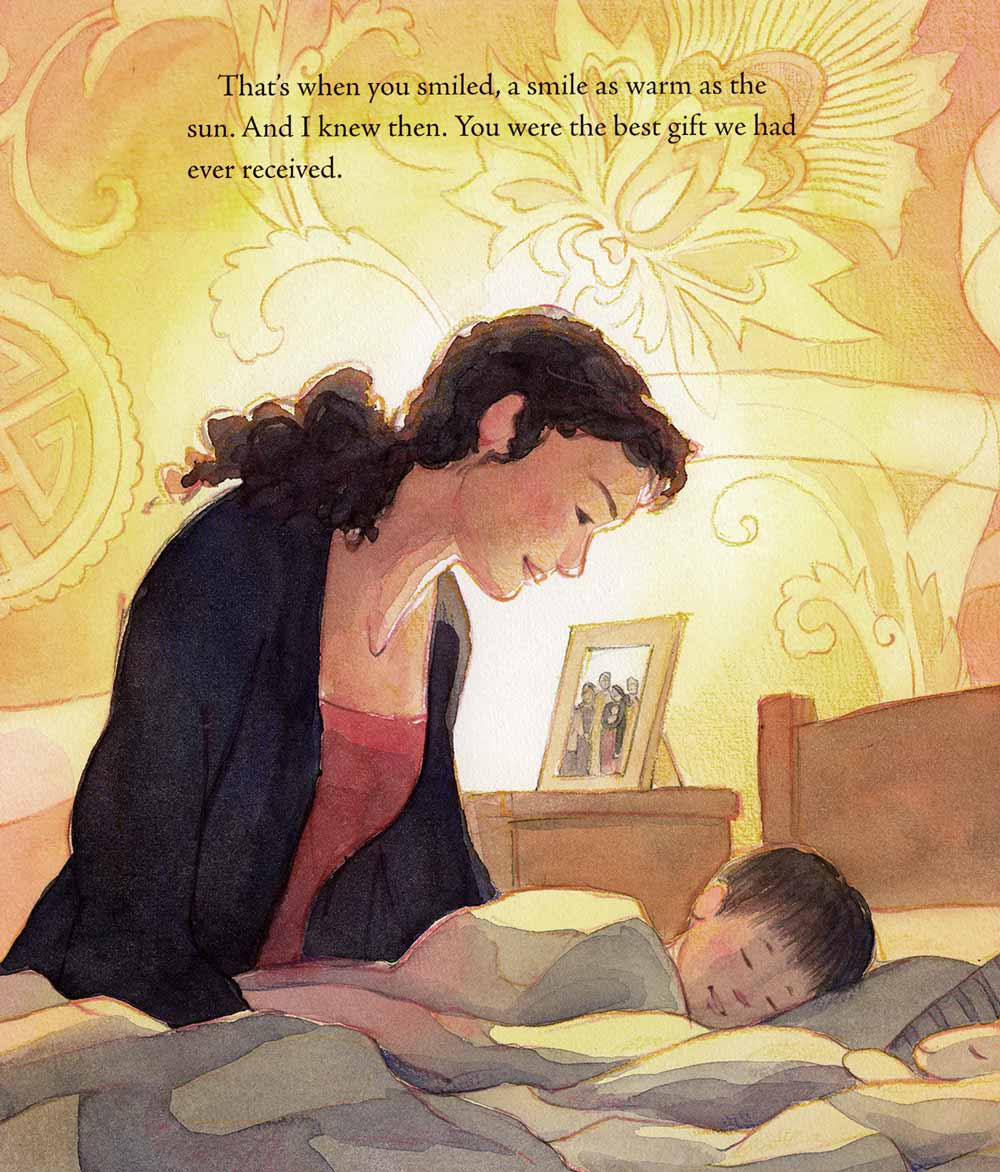 Watercolor illustration detail from The Story I'll Tell showing a mother leaning over a boy tucked into bed, surrounded by a warm, glowing light.
