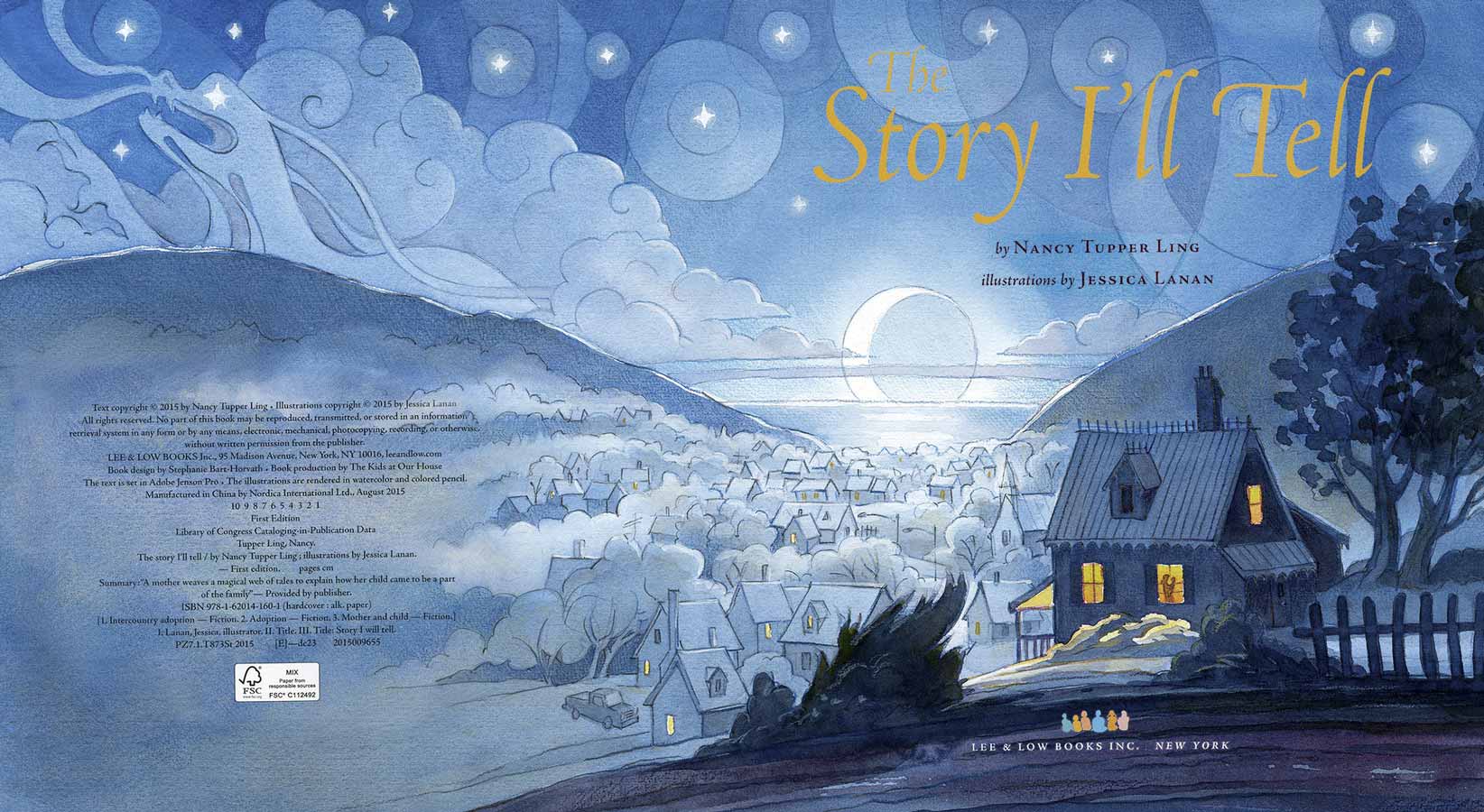 Watercolor illustration from the title page of The Story I'll Tell showing a house on a hillside with glowing lights overlooking a town in a valley and a night sky beyond full of stars and clouds forming the shape of a dragon.