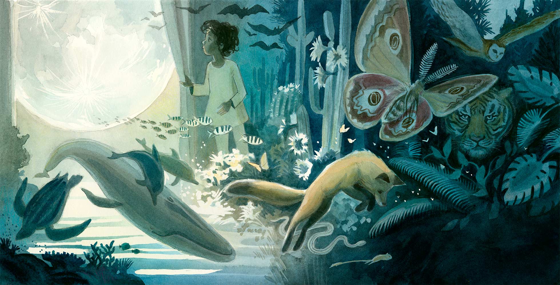 Watercolor illustration form 'Thank you Moon' showing a little girl with dark skin and curly hair pulling back a curtain to reval the full moon. In the foreground and around her many animals and plants are visible, including whales, dolphins, a fox, desert cacti, a moth, a tiger, jungle plants and an owl, among many others.