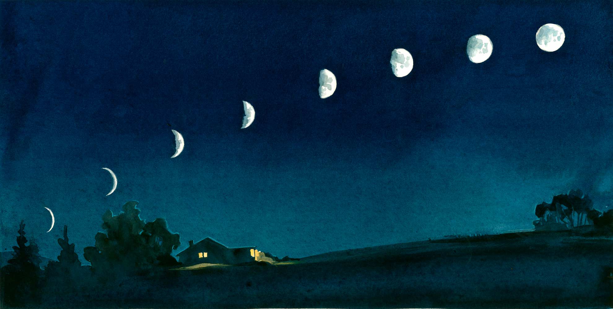 Watercolor illustration by Jessica Lanan from 'Thank You Moon' a dark nighth sky with a house and trees below. In the sky the moon appears eight times gradually waxing from a crescent to a full moon.