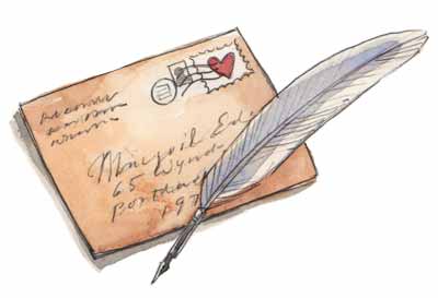Illustration of an envelope and antique quill pen.