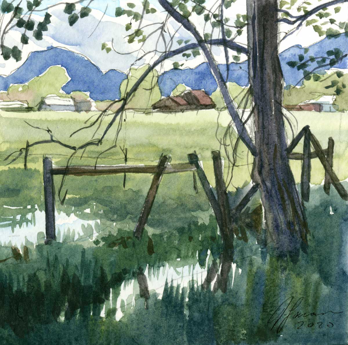 Watercolor sketch of a field with farm buildings and blue mountains behind framed by tree branches and fence posts. In the foreground, puddles of water among deep grass reflect a pale sky.