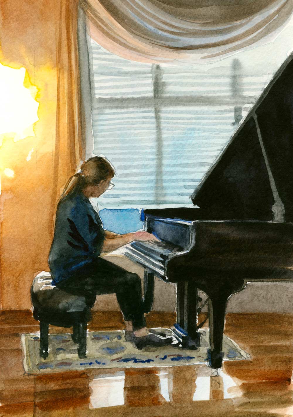 Watercolor sketch of a pianist playing a grand piano in front of a window with soft drapery.