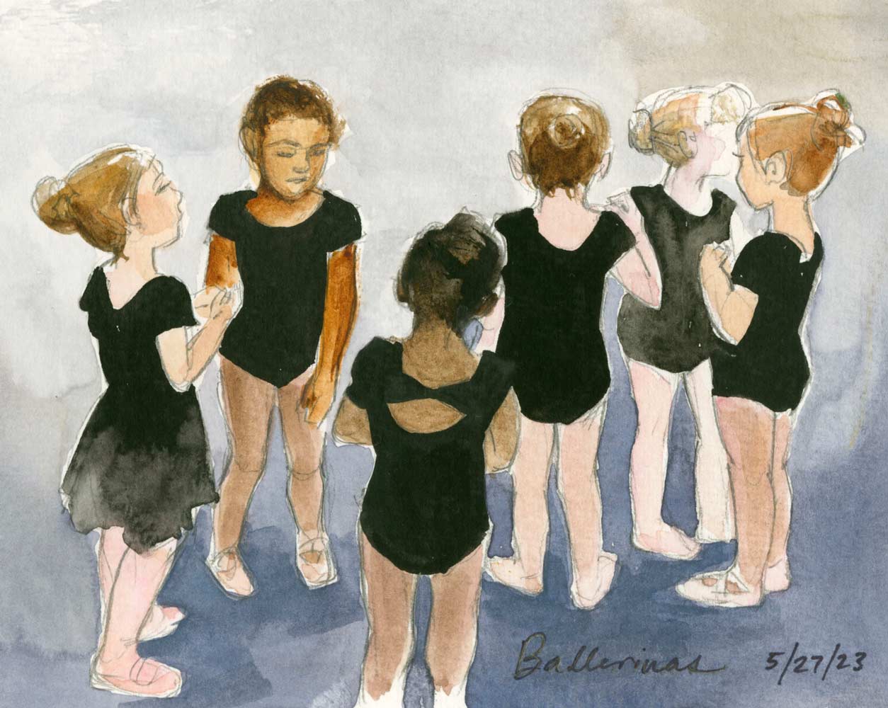 Sketch of a group of six small girls standing in a group dressed for ballet class in black leotards and pink tights.