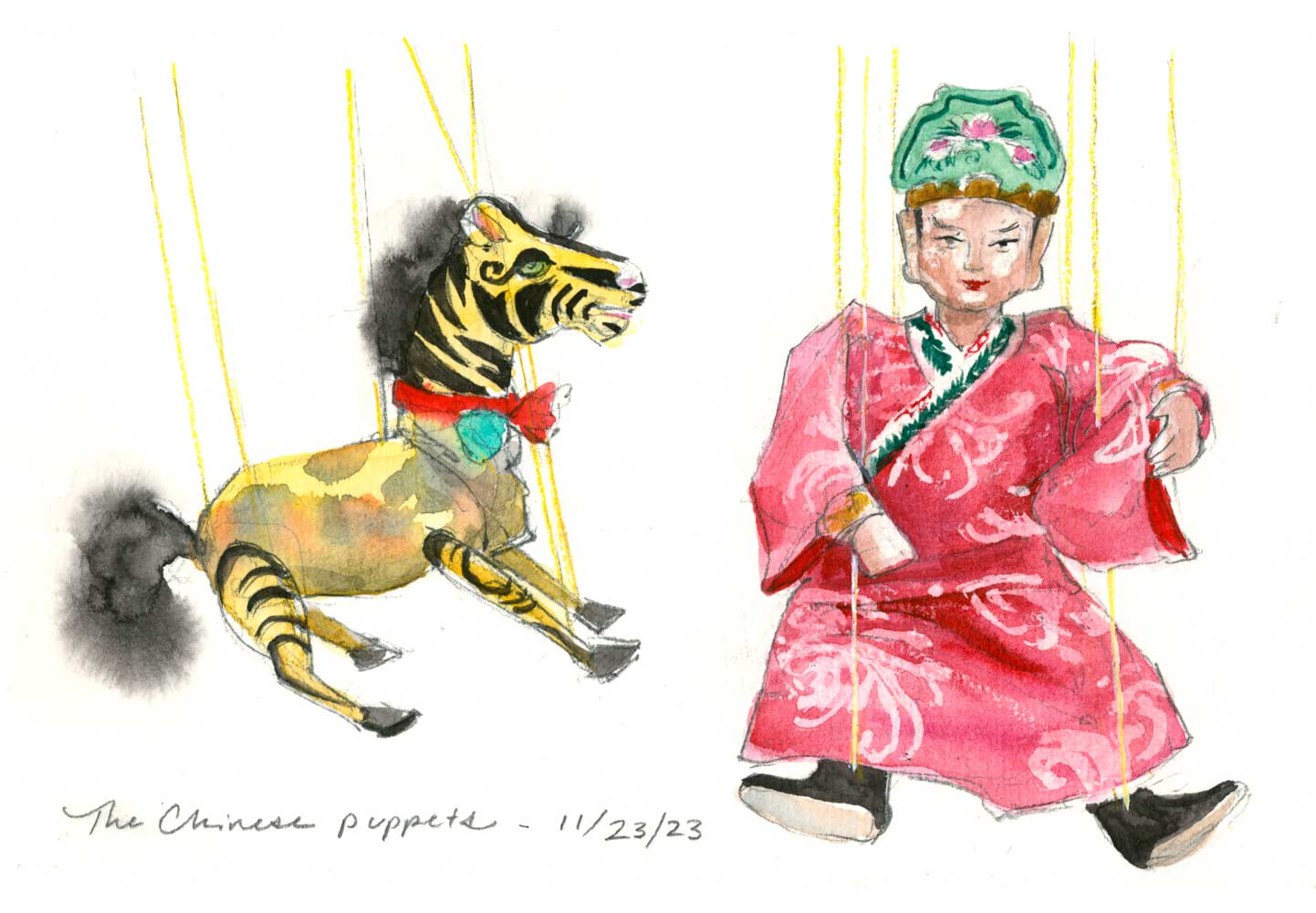 Painted sketch of two Chinese hand puppets, one a yellow spotted horse and the other a man wearing a silk robe with flowers on it and a crown. Their bodies are suspended by strings.