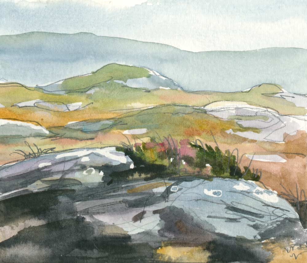 Atmostpheric watercolor sketch of rocks, turf and heather in the Irish countryside. In the distance rolling hills are visible partially obscured by mist.