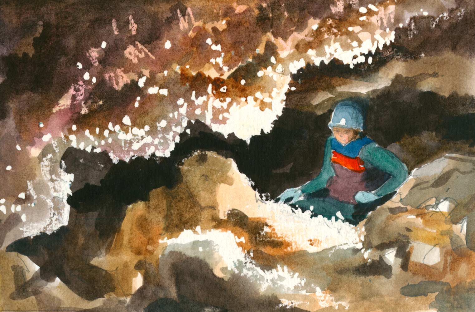 watercolor sketch of a caver sitting in a chamber full of rocks and crystals.