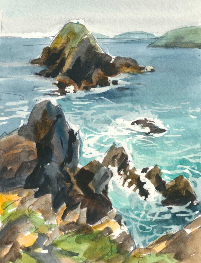 Watercolor plein air sketch of rocky islands surrounded by white surf.