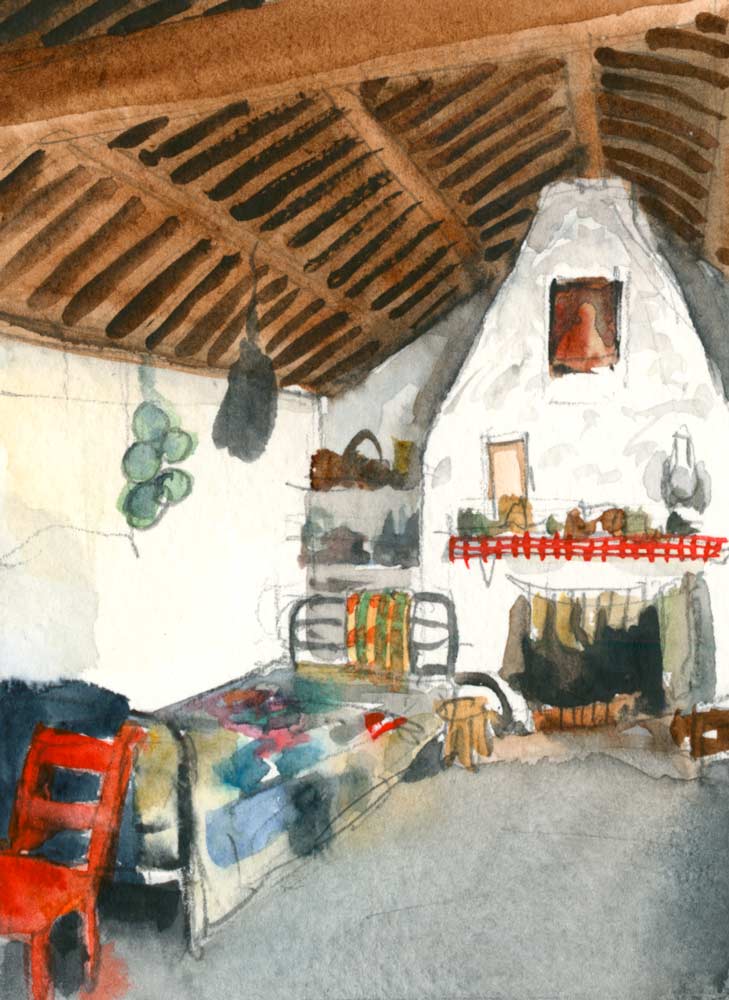 Watercolor sketch of the interior of a traditional fisherman's cottage in Glencolumkille, Ireland. A fireplace with socks hanging in front of it is visible at the far end, and beside the fire is a bed with a patchwork quilt. In the foreground is a red chair. The ceiling is made of wooden beams and various objects hang from the rafters.