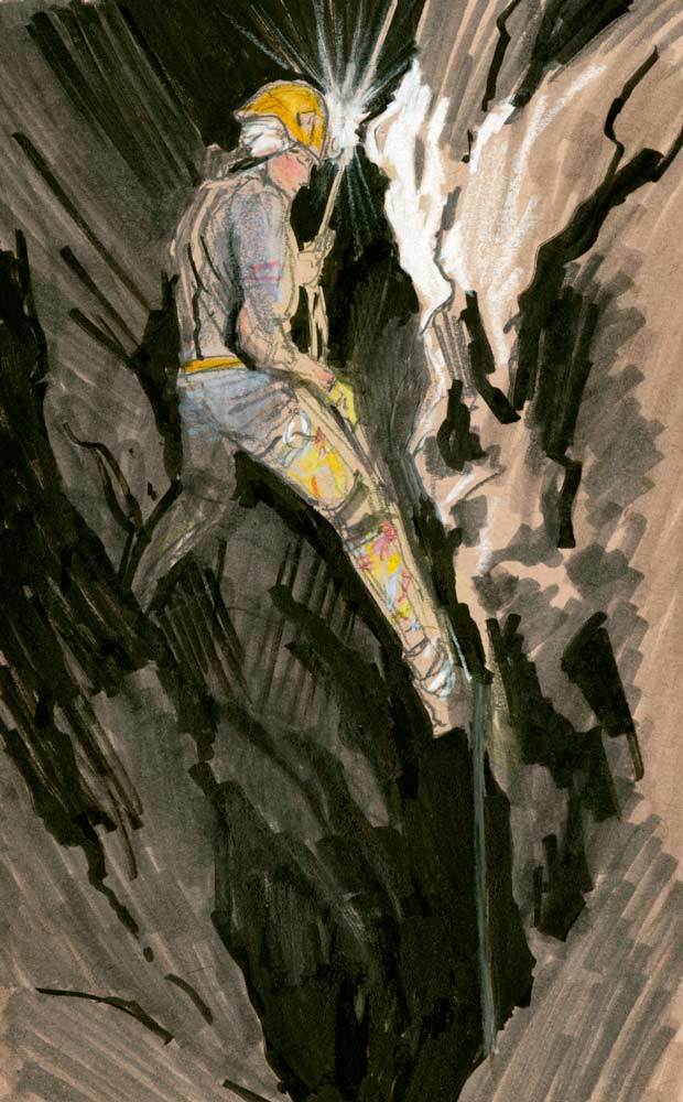 Marker and pencil sketch on toned paper showing a female caver wearing a harness and helmet preparing to ascend a rocky surface, with a dark hole below.