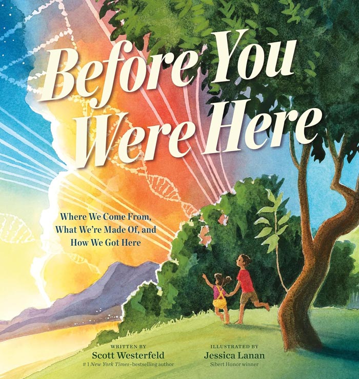 Cover image of picture book 'Before You Were Here' featuring two children running across a field with a sunset behind them and a tree in the foreground