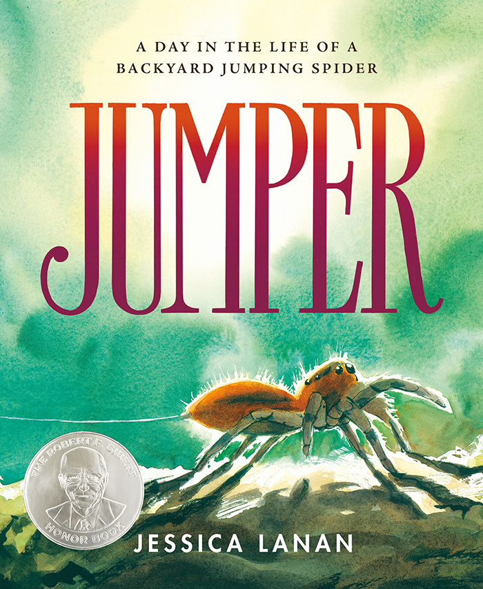 Cover image of picture book 'Jumper: A Day in the Life of a Backyard Jumping Spider' showing a jumping spider walking on the ground in profile with bright light behind.
