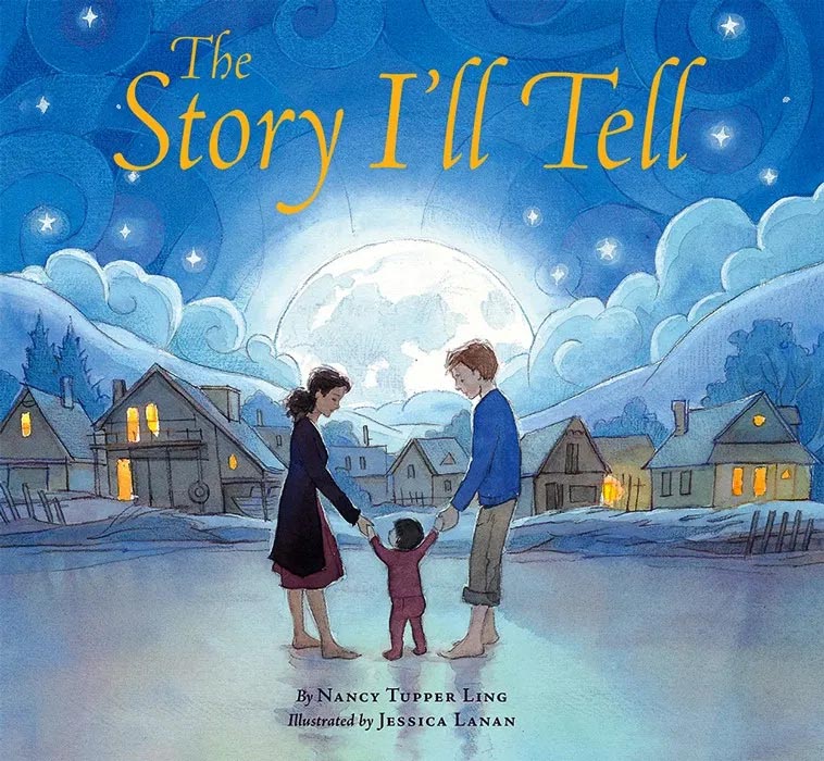 Cover image of picture book 'The Story I'll tell' showing two parents and a small child holding hands on a beach beneath a large moon and night sky.