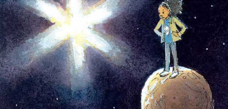 Detail from illustration in 'Just Right' showing a girl standing with her hands on her hips on a miniature planet that would be much too small to be suitable for life.