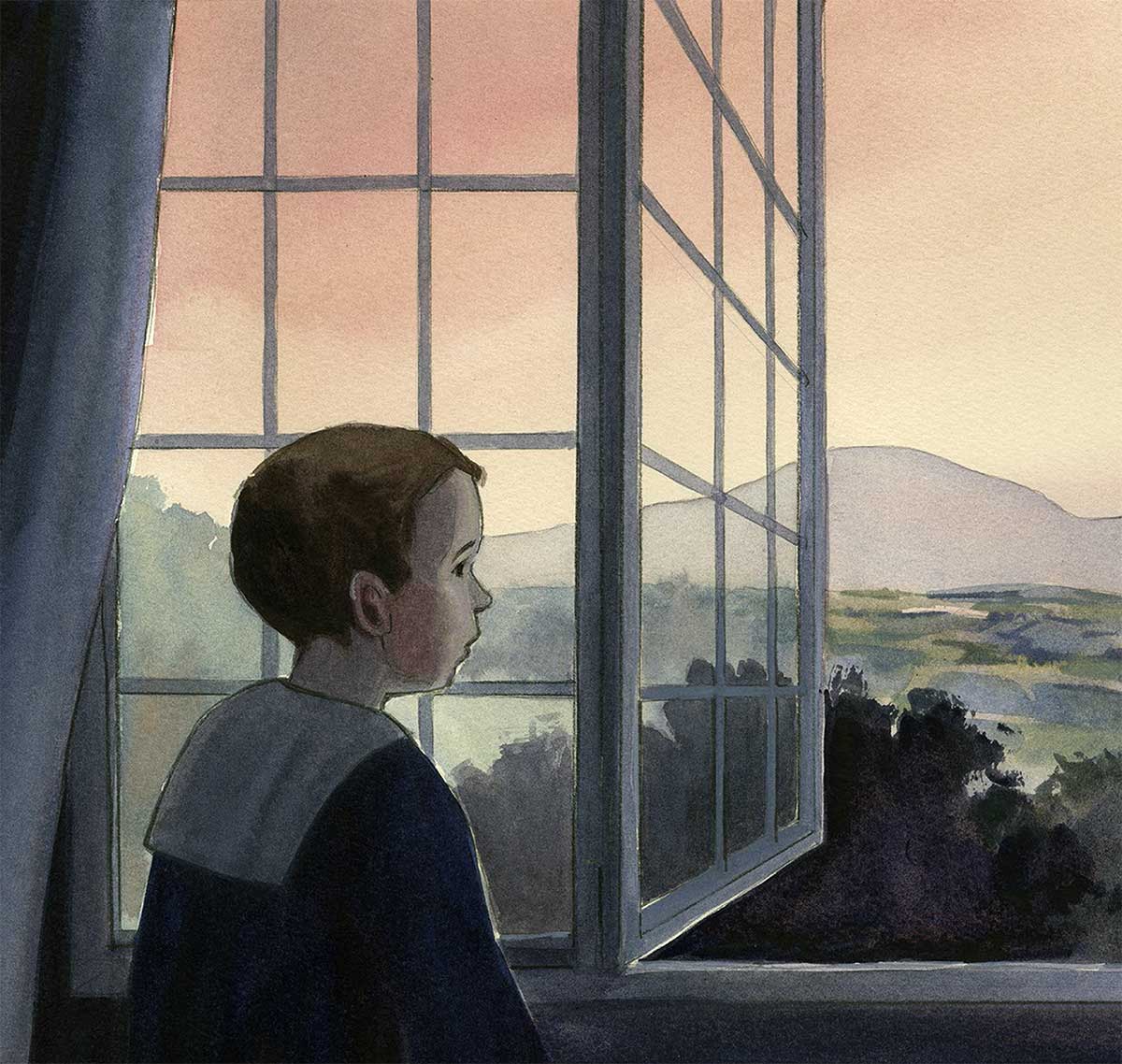 Detail from watercolor illustration in 'Finding Narnia' of young Jack (C.S. Lewis) looking out of a window toward the Irish countryside and distant mountains.