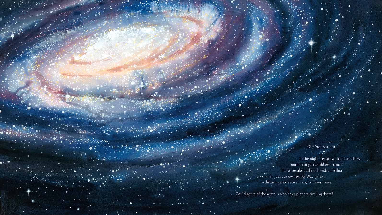 Watercolor illustration from the picture book 'Just Right' of the milky way galaxy.