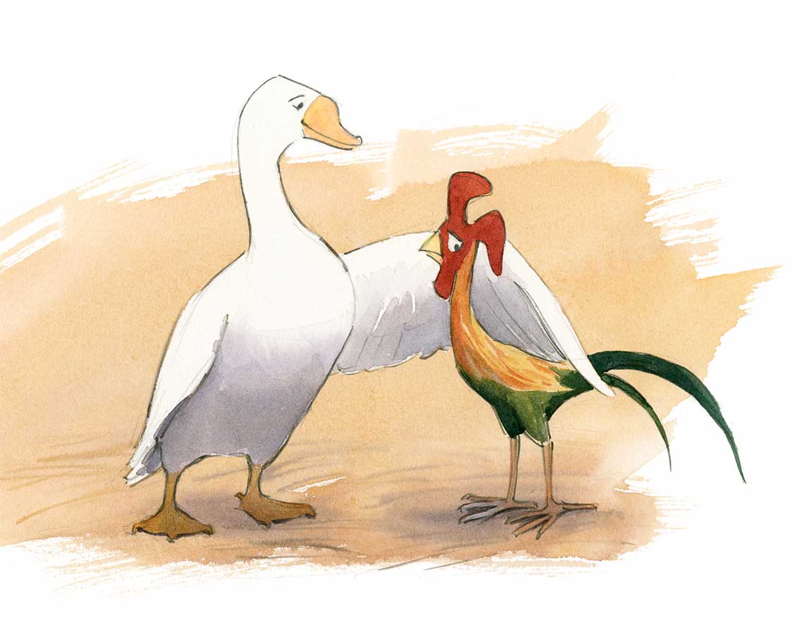 Watercolor illustration from 'A Kid of Their Own' of Roberta, a white goose, reassuring Clyde, a small rooster.