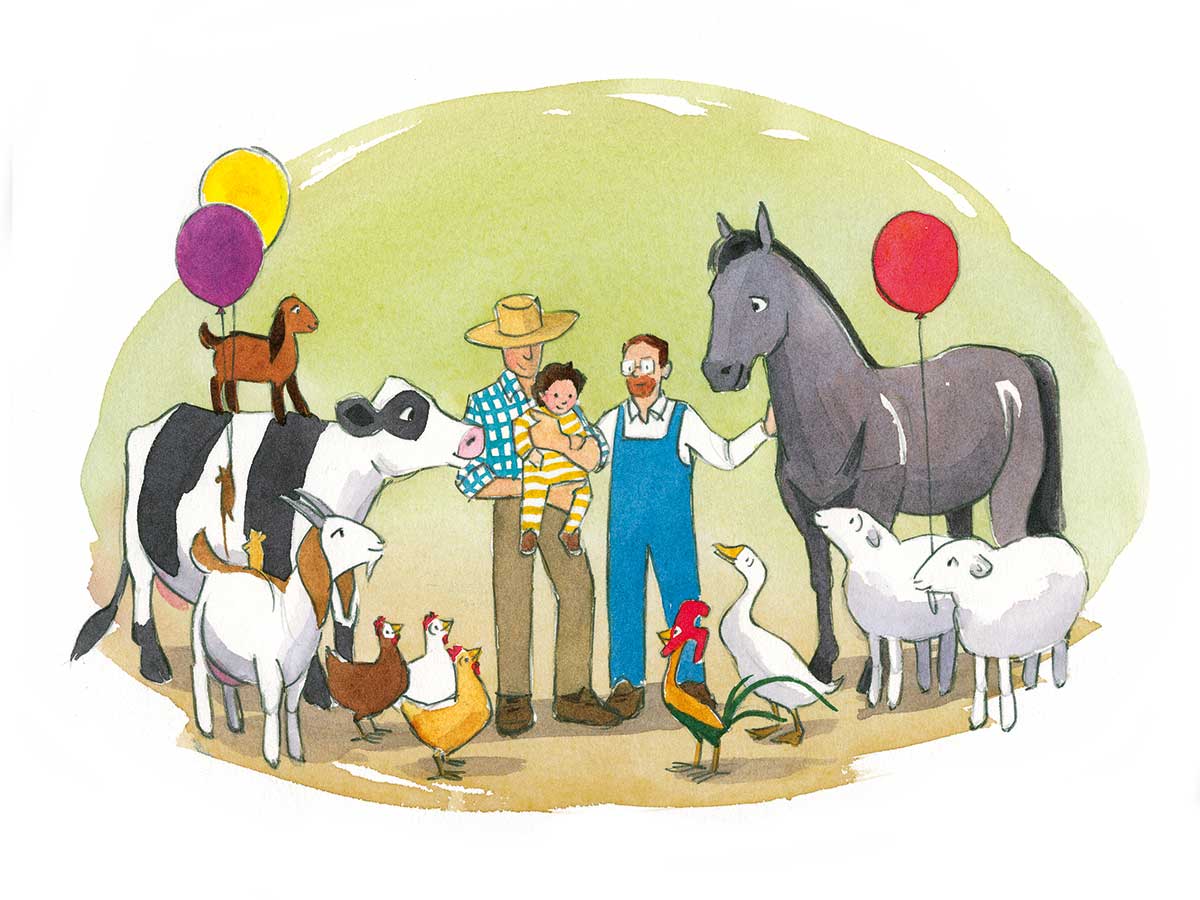 Watercolor illustration from interior of 'A Kid of Their Own' showing a large group of farm animals including a cow, goats, chickens, sheep and horse, with brightly colored balloons. In the center, two farmers stand together holding a small child. Clyde the rooster and Roberta the goose stand on the ground and smile up at them.