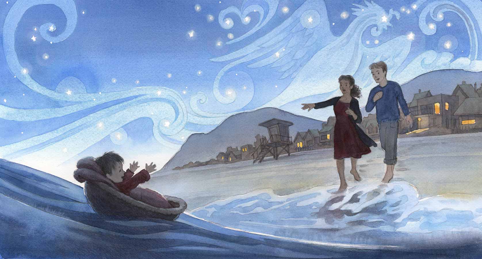 Watercolor illustration of man and woman walking on beach looking at the ocean where a baby is floating in a basket and reaching toward them. In the sky above, swirls and stars form the shape of a phoenix.