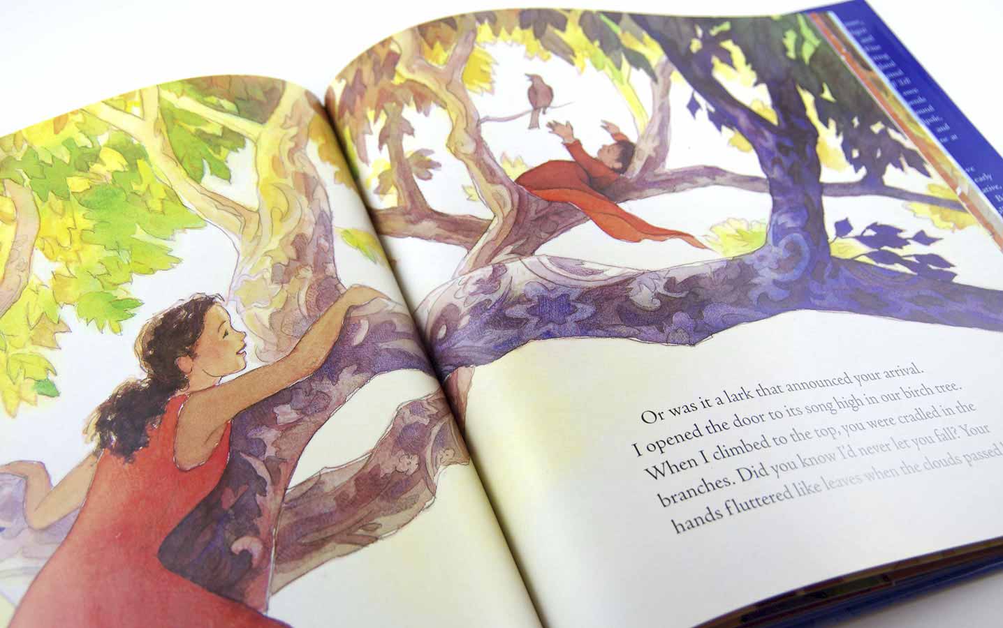 Photograph of The Story I'll Tell book, open to a page showing a mother climbing up a birch tree toward a baby and a small bird.