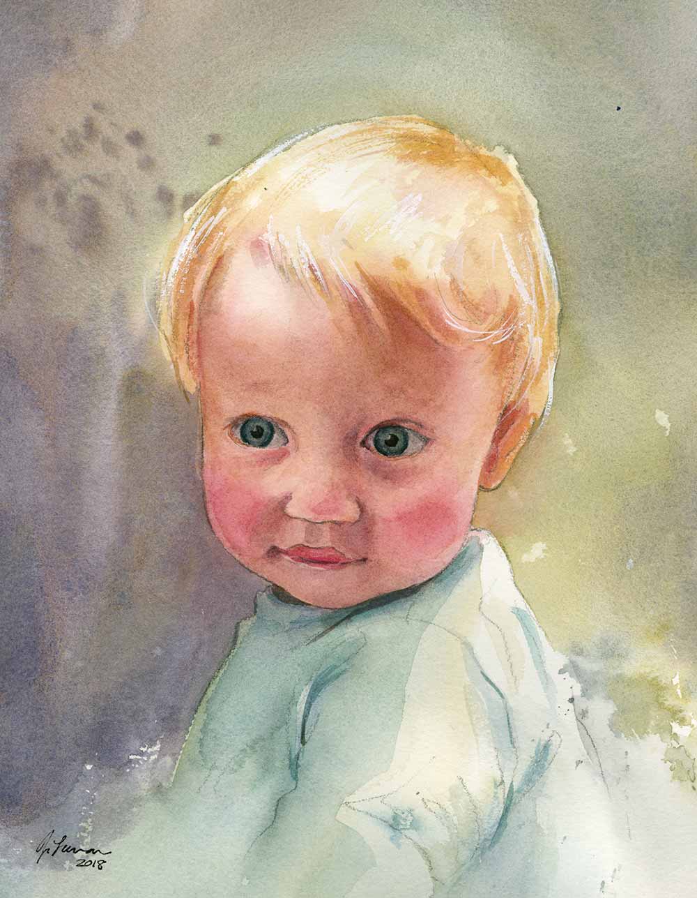 Watercolor portrait of a light-skinned baby with blond hair wearing a blue shirt
