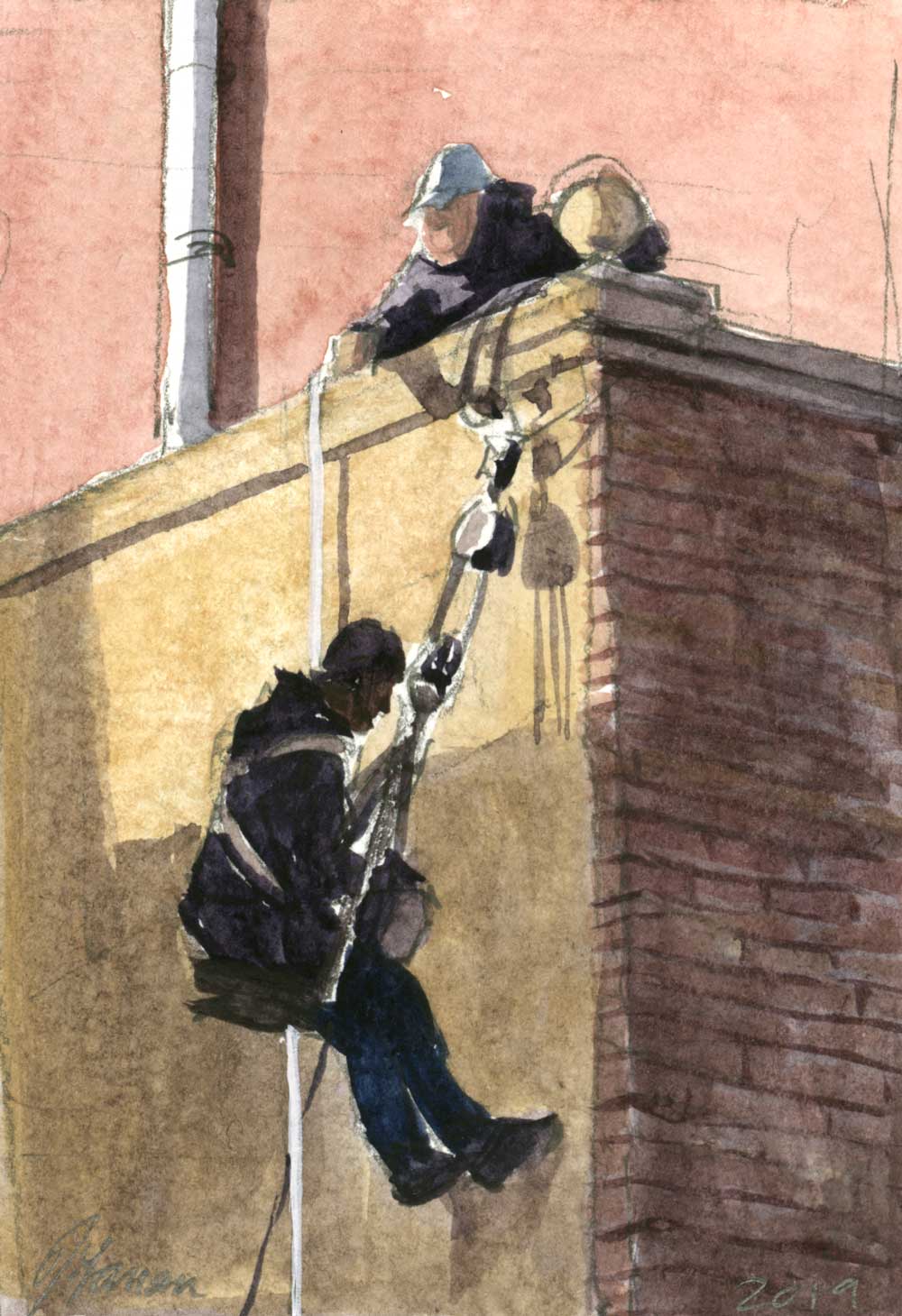 Watercolor sketch of the corner of a brick building. A man with light skind stands on the top and a man with dark skin, suspended by pulleys and ropes, descendes a yellow wall.