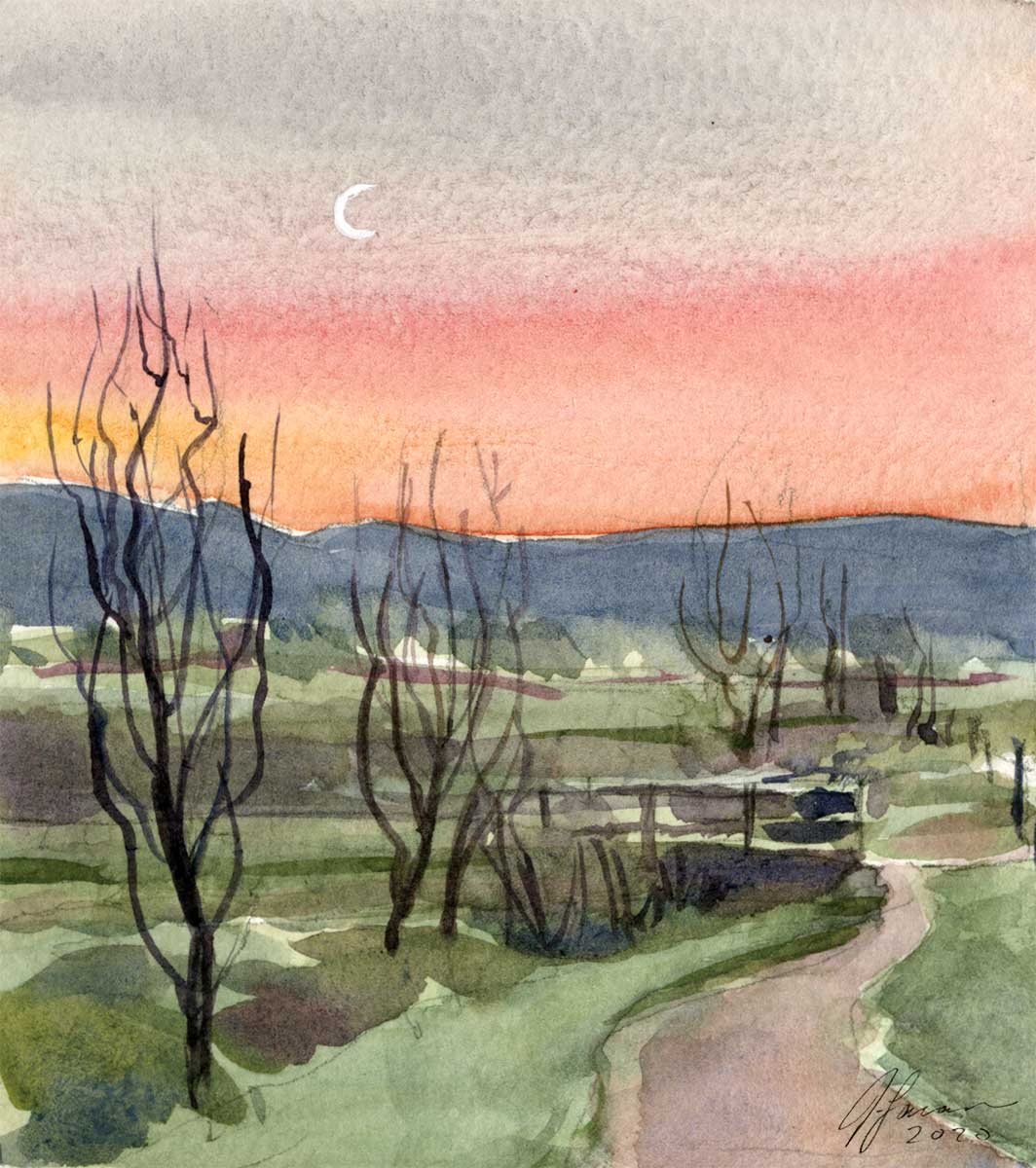 watercolor sketch of a path leading through green foliage with a blue ridge in the distance and a pink pre-dawn sky with a crescent moon.